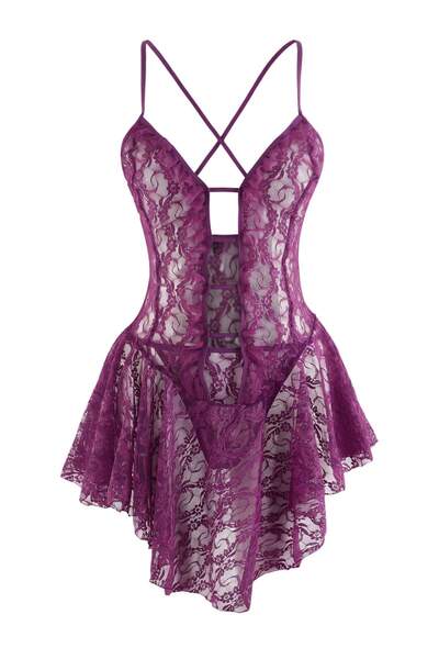 Trendyol Collection Plum Lace Striped Openwork Capless Babydoll Thmss25Cy00004