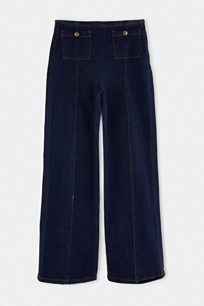 Trendyol Collection Blue Button Detailed Medium Stretch High Waist Wide Leg J...