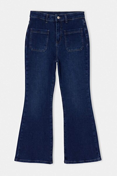 Trendyol Collection Dark Blue Medium Stretch High Waist Crop Flare Jeans Twoa...