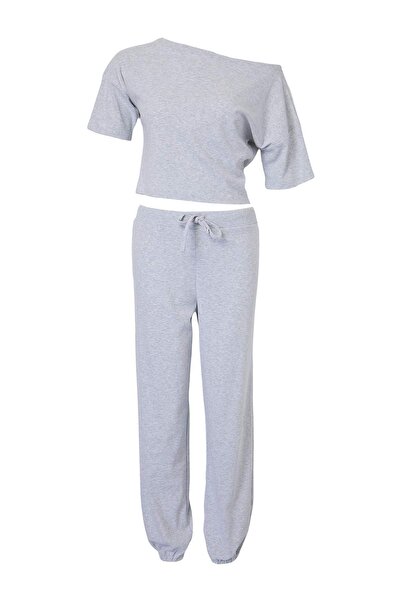Trendyol Collection Gray Melange Plain Regular Low Sleeve Short Ribbed Knitte...