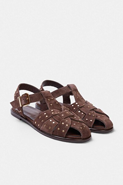 TRENDYOL SHOES Dark Brown Genuine Leather Suede Trok Detailed Women's Sandals...