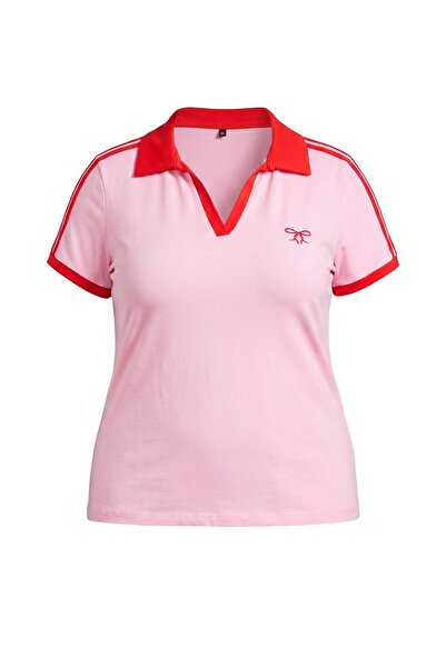 Trendyol Curve Pink Bodycon Polo Neck Short Sleeve Cotton Flexible Knitted Ov...