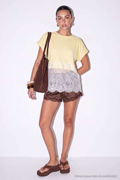 Drop by TrendyolMilla Yellow Lace Detailed Oversize Viscose T-Shirt Tdrss26Ts...