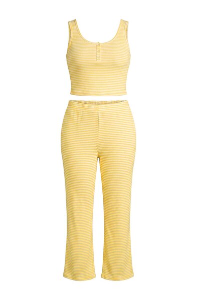 Trendyol Curve Yellow Striped Strappy Elastic Waist Knitted Large Size Pajama...