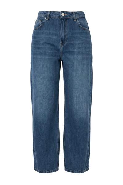 Trendyol Collection Premium Dark Blue Draped High Waist Barrel Jeans Twoaw27J...