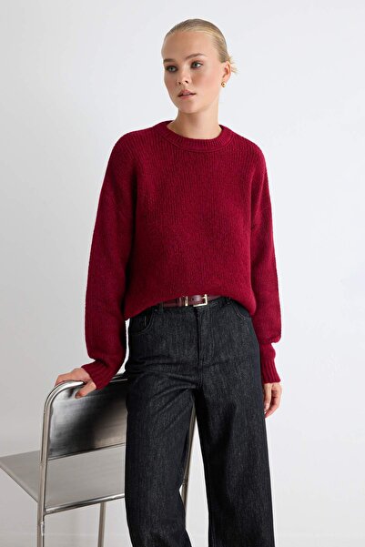 Trendyol Collection Burgundy Wide Fit Soft Textured Basic Knitwear Sweater Tw...
