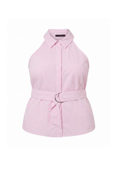 Trendyol Curve Pink Fitted Sleeveless Plaid/Checkered Accessory and Belt Deta...