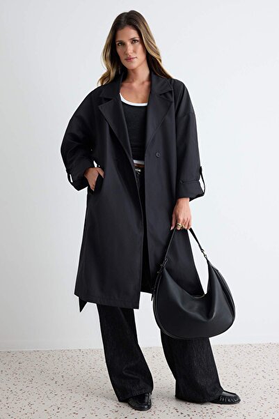 Συλλογή Trendyol Μαύρο oversized μακρύ παλτό με ζώνη Υδροαπωθητικό TWOAW24TR0...