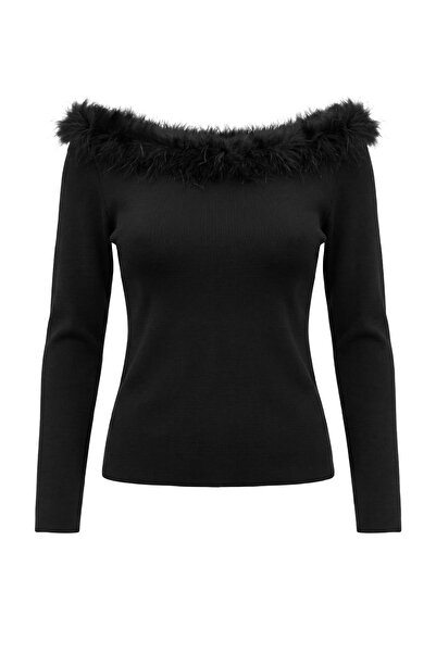 Trendyol Curve Schwarzer, figurbetonter/legerer Strickpullover mit Otriş-Deta...