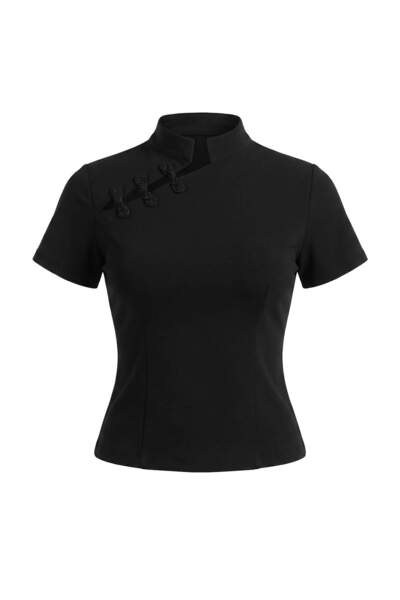 Trendyol Collection Black Plain Fitted High Neck Chinese Buttoned Paper Touch...
