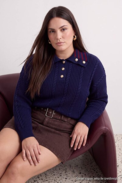 Trendyol Curve Marineblauer, geflochtener Strickpullover mit Umlegekragen TBB...