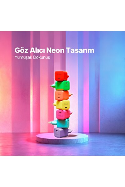Ttec SmartCharger GAN 20W PD Seyahat Hızlı Şarj Aleti + USB-C - USB-C 3A Kablo Neon 2SCG20CN
