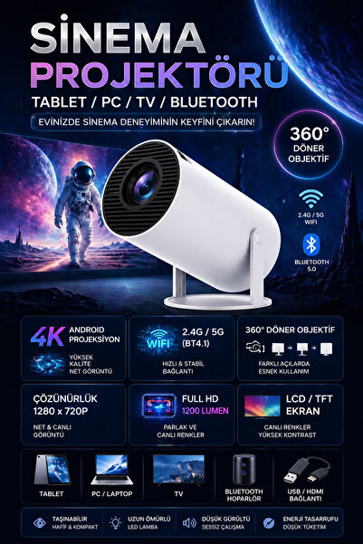 nextbuy 4K Android Led Projektör 1280*720P Taşınabilir Ev Sinema Projeksiyonu...