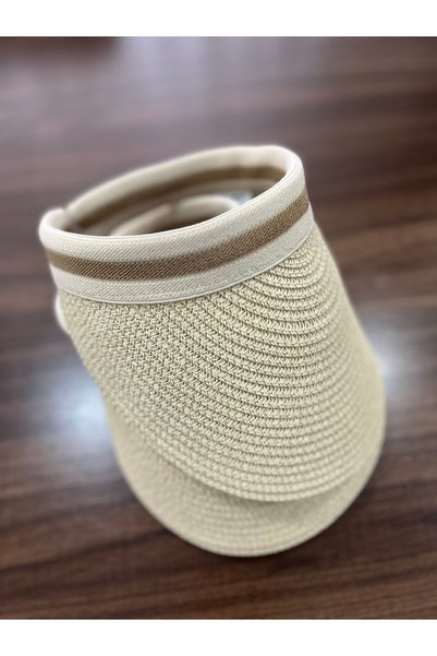 Butik Beige Sunscreen Imported Striped Straw Visor Hat Suitable for Hijab Crown Model Summer Hat