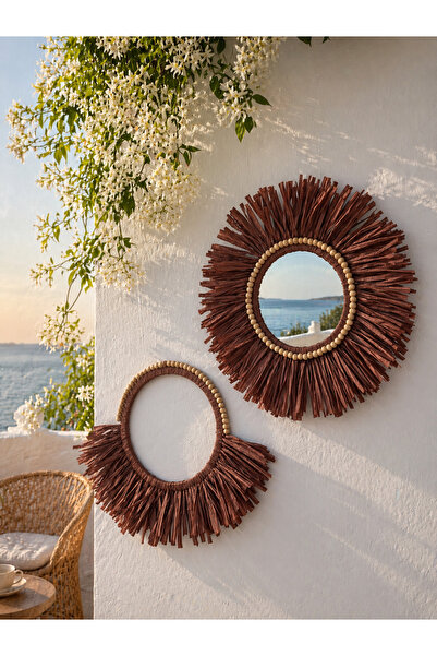 Home Bohem Handmade 2'li Set Ahşap Boncuklu Aynalı Kahverengi Doğal Rafya Duv...