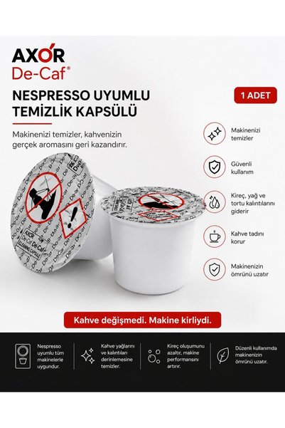 AXOR De-Caf Nespresso Uyumlu Temizlik Kapsülü 1 Adet | Kahve Makinesi Temizleme Kapsülü | Kireç ve Yağ Çözücü