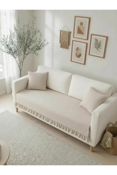 NDC HOME غطاء أريكة من الكتان المزخرف [مع وسائد] - كريمي