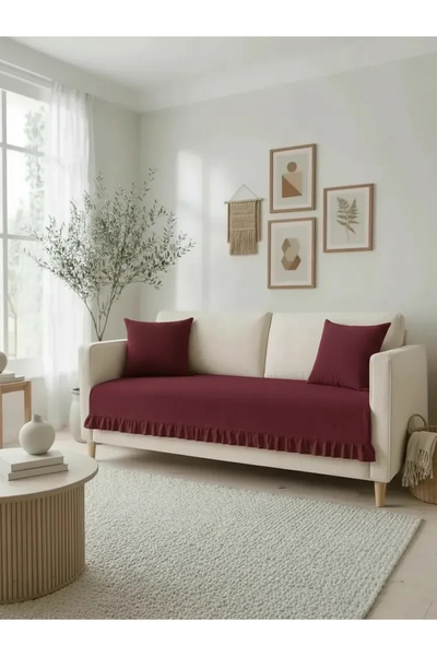 NDC HOME غطاء أريكة من الكتان المزخرف [مع وسائد]-لون بورجوندي