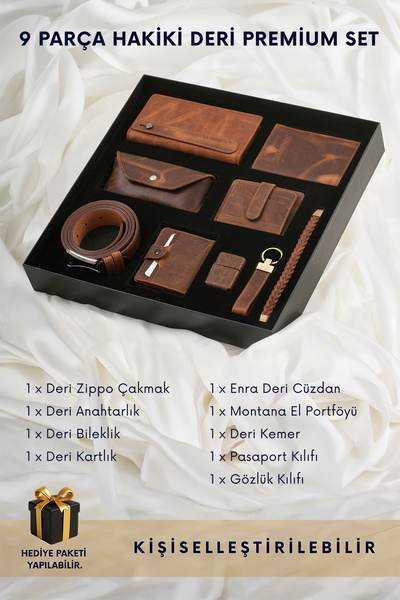 CüzCan 9 Parça Hakiki Deri Taba Premium Kişiye Özel Erkek Hediye Seti - Babal...