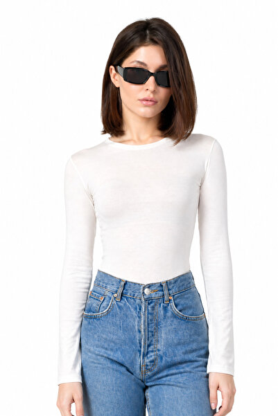 Kırlangıç Moda White Crew Neck Basic Long Sleeve Bodysuit