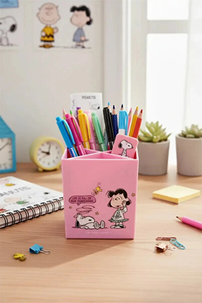 Miniso Snoopy Lisanslı Vintage Serisi 3 Bölmeli Masaüstü Kalemlik Pembe 10 Cm