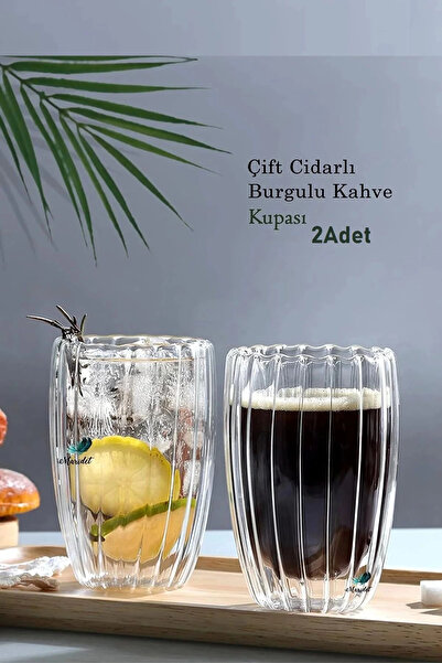 Rosemor 2'li Çift Cidarlı 450ml Isıya Dayanıklı Cam Bardak Çay Süt Kahve Kupa...