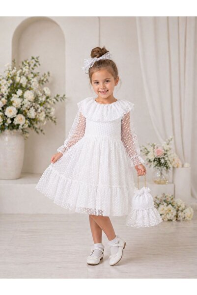 Size Kids Önü fırfırlı Ufak Puantiyeli Tül Katlı Çantalı Tokalı Kız Çocuk Elbise