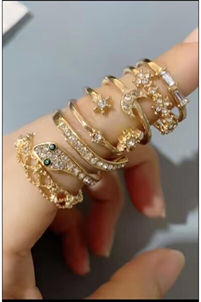 M SMİLE 7Lİ KADIN GOLD RENK MODERN EKLEM YÜZÜĞÜ KARMA FİGÜRLÜ EKLEM YÜZÜK SETİ YILAN EKLEM YÜZÜĞÜ