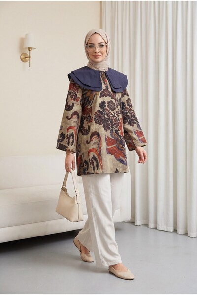 Modamorfo Apron Collar Half Buttoned Slit Quilted Tunic -Beige