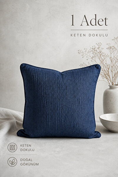 Indigo Linen Textured Piping Detailed Decorative Pillow