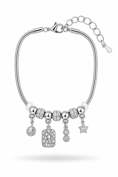 Clariss Brass Silver Color Women's Bracelet with Flower Detail and Charm
