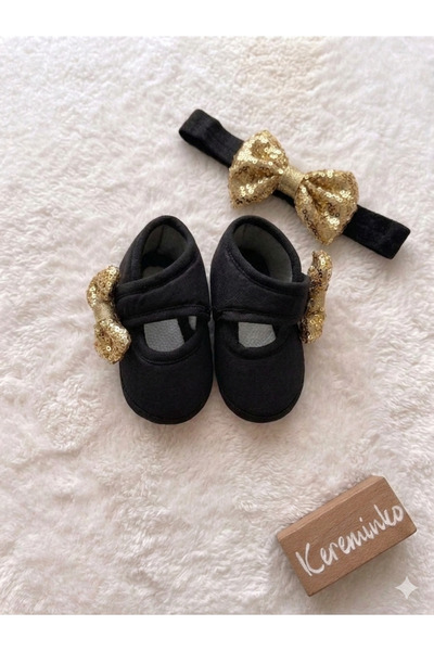 Kereminko Bebek 0-3 Months Newborn Gold Sequined Bow Baby Bandana Booties Set