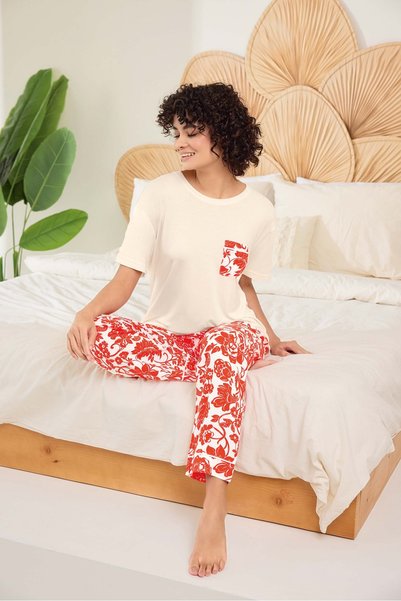 Aydoğan Women's Short Sleeve Pocket T-Shirt and Patterned Pajama Set Two Piece Set