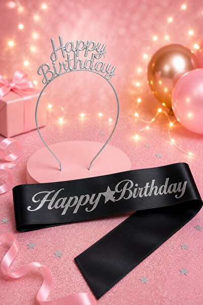 Larenya Happy Birthday Yazılı Metal Taç Ve Kuşak & Siyah Gümüş Kuşak Gümüş Taç