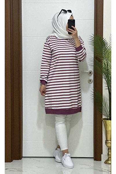 MODA ALMİRA 8770 K30 YENİ SEZON ÇİZGİLİ GÜL KURUSU BÜYÜK BEDEN TUNİK