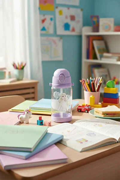 Miniso Disney Frozen Lisanslı Omuz Askılı ve Pipetli Plastik Su Şişesi (520 m...