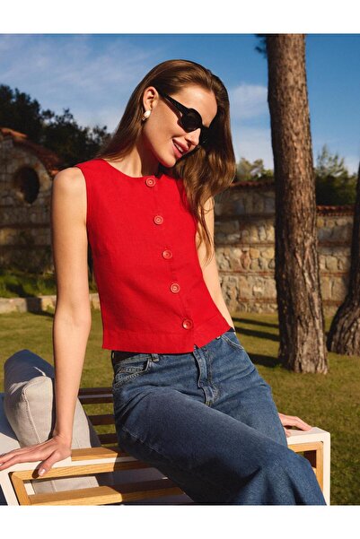 Jimmy Key Червен 100% ленен къс плетен потник Slim Cut