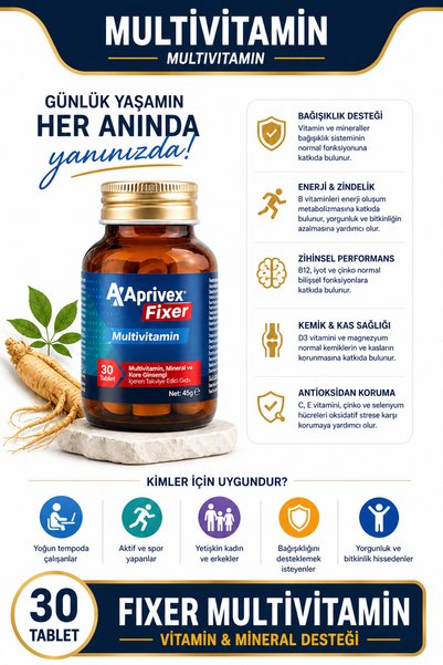 Aprivex Fixer Multivitamin 30 Tablets Korean Ginseng Vitamin Mineral Complex Energy & Vitality Support