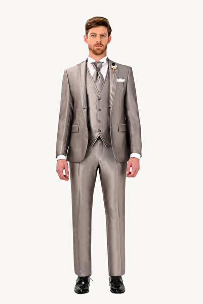Ysf Erkek Gri Kırlangıç Yaka Yelekli Desenli Slim Fit Damatlık