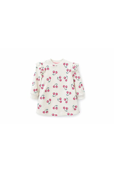 Tuffy Baby Girl Cherry Printed Long Sleeve Dress 6-18 Months White