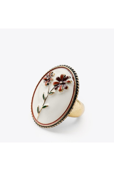 DALİ aksesuar Bordo Çiçekli Krem Madalyon Vintage Çelik Yüzük (Ayarlanabilir)
