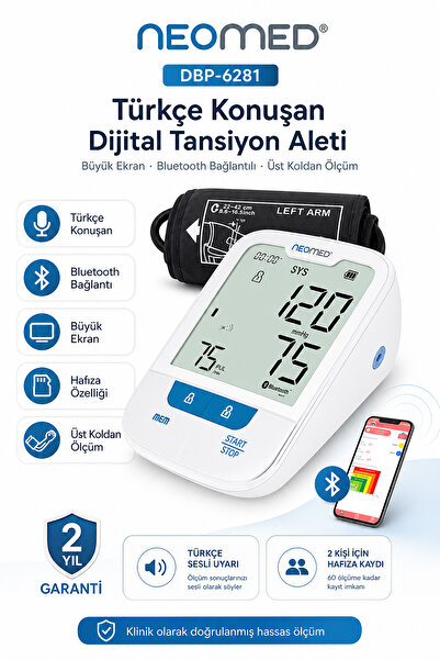 neomed DBP-6281 Türkçe Konuşan Büyük Ekranlı Bluetoothlu Üst Koldan Dijital Tansiyon Aleti