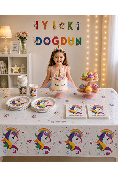 PARTİ AŞKI Unicorn Temalı 5'li Doğum Günü Seti (Banner Tabak Bardak Peçete Ma...