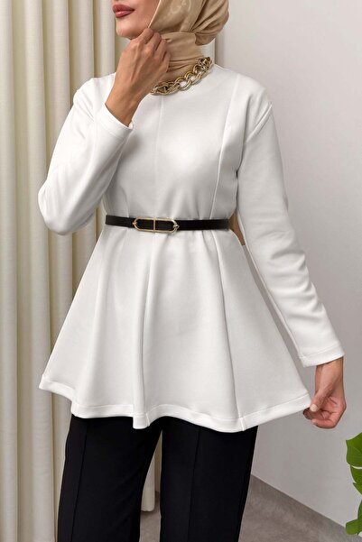 Salih Çelebi Kemerli Peplum Bluz 0040 - BEYAZ