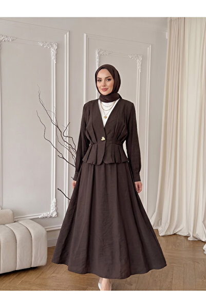 Lunsera Store طقم جاكيت بتفاصيل أزرار وتنورة - بني