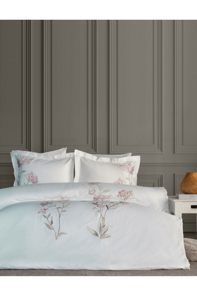 Dantela Lavinya Embroidered Cotton Satin Duvet Cover Set - Powder