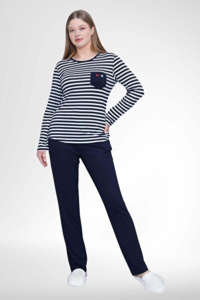Mecit Pijama Mecit 6201 طقم بيجامة نسائي مقاس كبير مخطط باللون الأزرق الداكن
