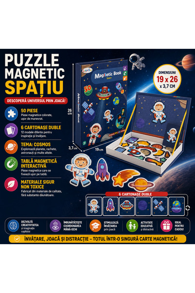 SMARTECH Puzzle Magnetic Cosmos cu 50 de magneți și 6 cărți față-verso