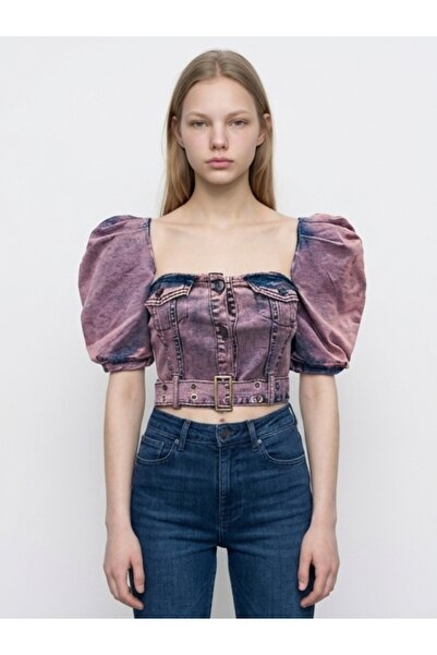 Rocky girl Kuşgözü kemer detaylı karpuz kol denim büstiyer