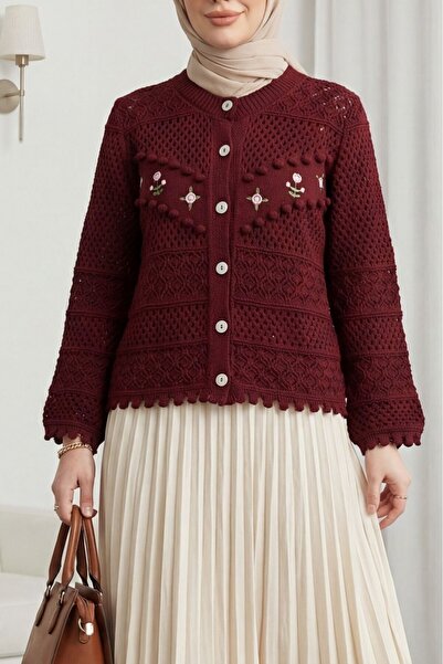 Modamorfo Floral Embroidered Pompom Buttoned Knitwear Cardigan - Burgundy